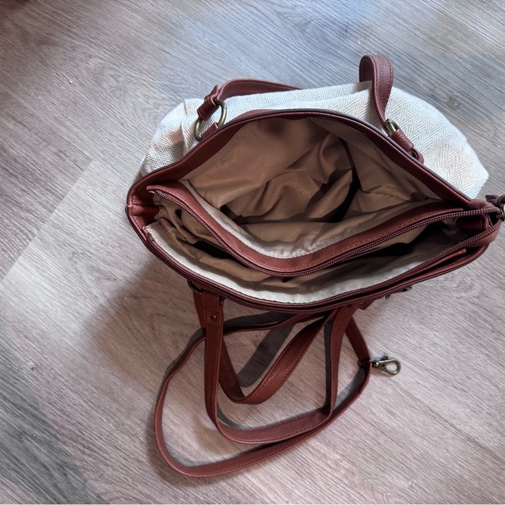Boho Brown and Cream Shoulder Bag with Leather Accents and Lots of Storage - Picture 5 of 7